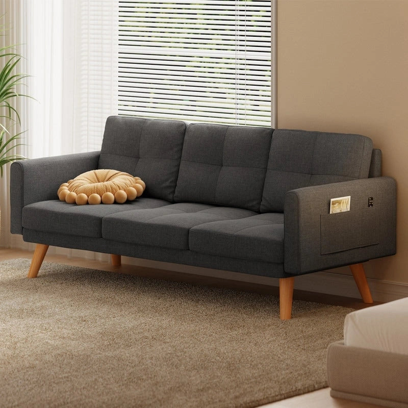 67-Inch Compact Sofa Bed with Storage Pockets & Pillows, Dark Grey Linen-Like Fabric, Solid Wood Frame for Additional Seating or Sleeping