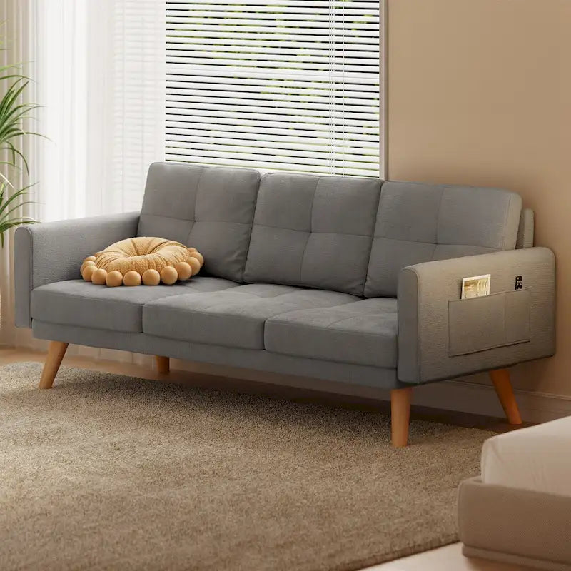 67-Inch Compact Sofa Bed with Storage Pockets & Pillows, Dark Grey Linen-Like Fabric, Solid Wood Frame for Additional Seating or Sleeping