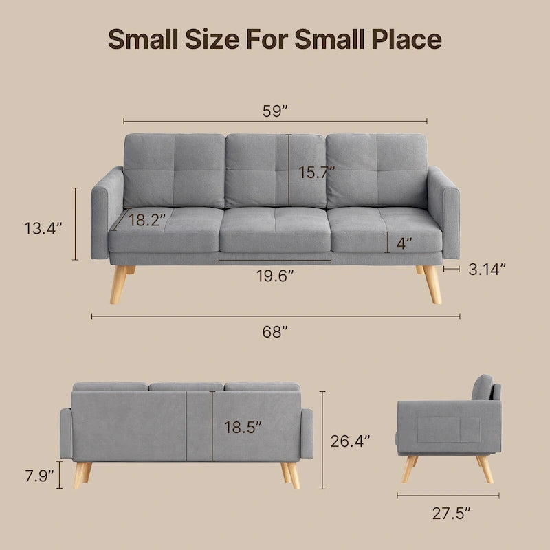 67-Inch Compact Sofa Bed with Storage Pockets & Pillows, Dark Grey Linen-Like Fabric, Solid Wood Frame for Additional Seating or Sleeping
