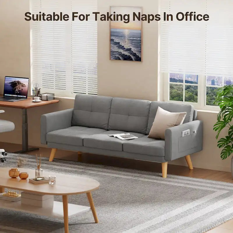 67-Inch Compact Sofa Bed with Storage Pockets & Pillows, Dark Grey Linen-Like Fabric, Solid Wood Frame for Additional Seating or Sleeping