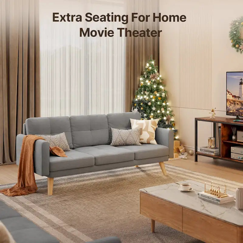 67-Inch Compact Sofa Bed with Storage Pockets & Pillows, Dark Grey Linen-Like Fabric, Solid Wood Frame for Additional Seating or Sleeping