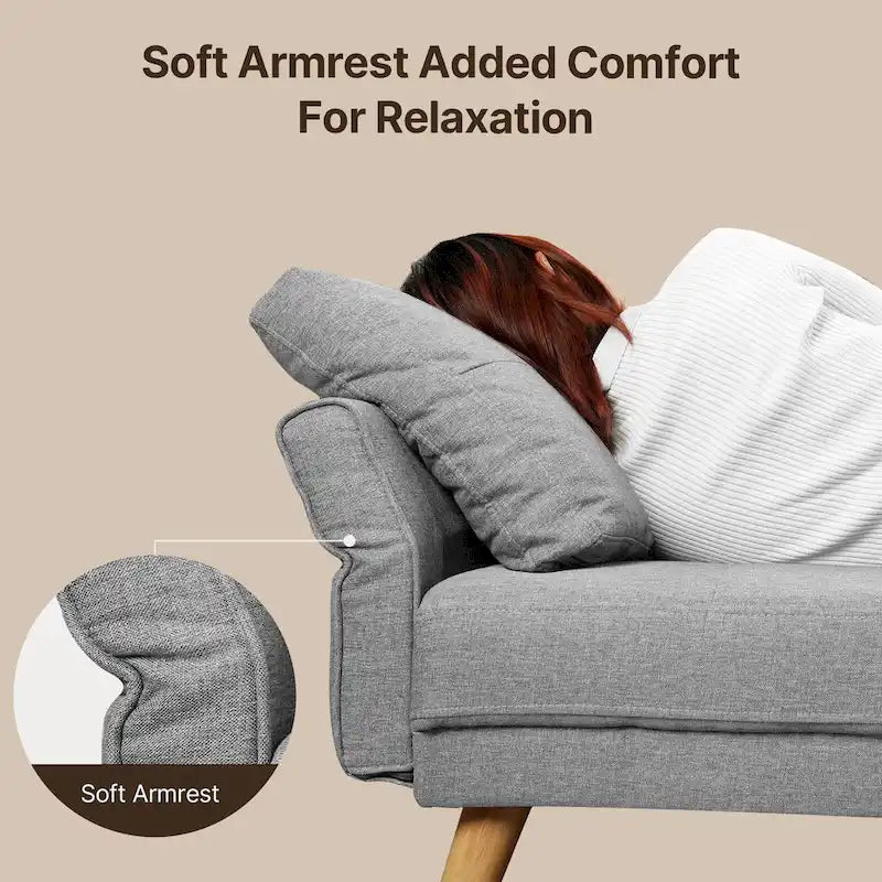 67-Inch Compact Sofa Bed with Storage Pockets & Pillows, Dark Grey Linen-Like Fabric, Solid Wood Frame for Additional Seating or Sleeping