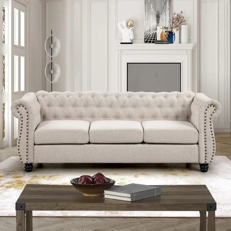 Modern Tufted Sofa Chesterfield-Style 3-Seater with Linen Upholstery & Removable Cushions