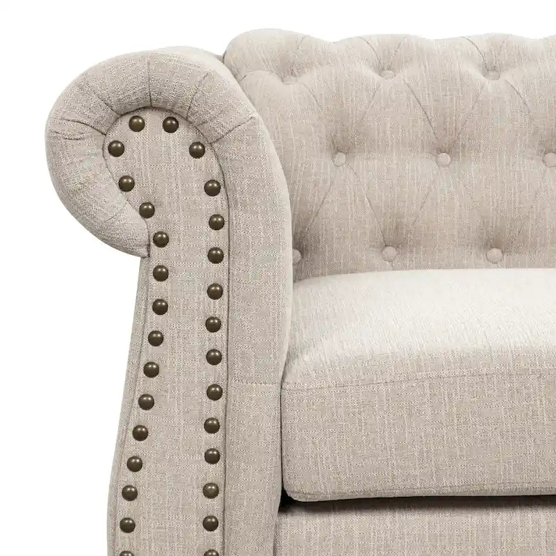 Modern Tufted Sofa Chesterfield-Style 3-Seater with Linen Upholstery & Removable Cushions