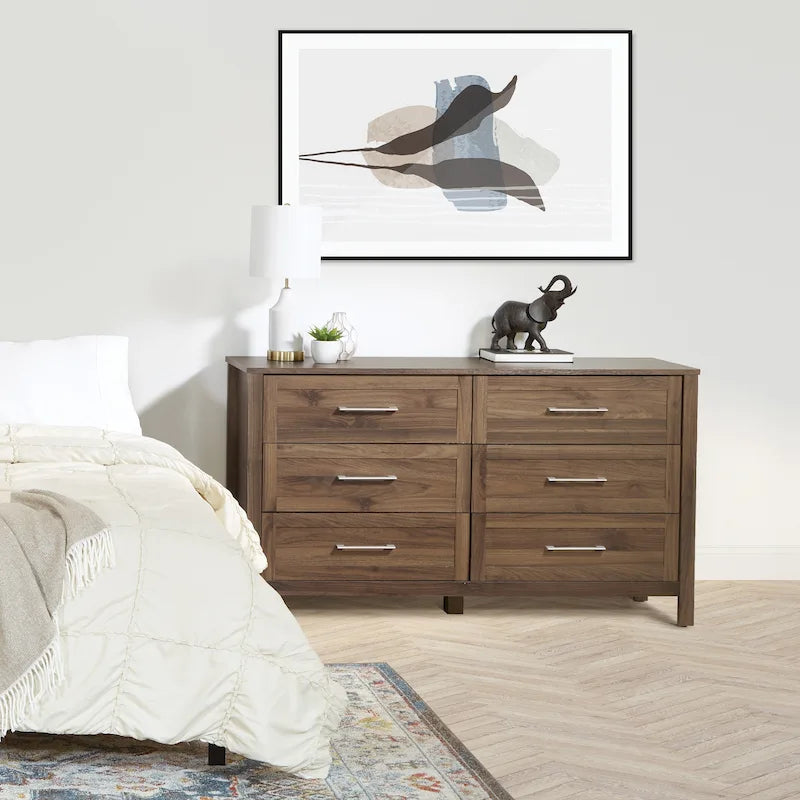 6-Drawer Wide Dresser with Deep Drawers & Metal Safety Glides, Brushed Nickel Pulls, Fits Modern Farmhouse & Boho Styles