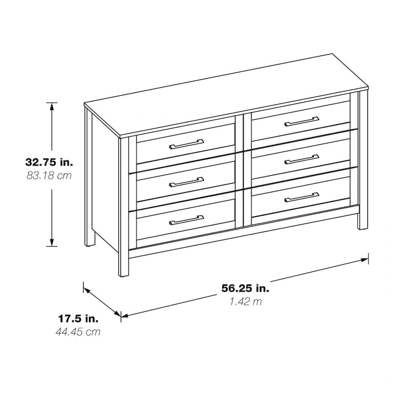 6-Drawer Wide Dresser with Deep Drawers & Metal Safety Glides, Brushed Nickel Pulls, Fits Modern Farmhouse & Boho Styles