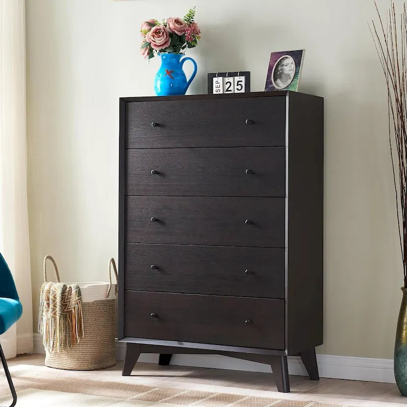Mid-Century Modern 5-Drawer Dresser, Anti-Tip Design, 32W x 48H, Engineered Wood Construction