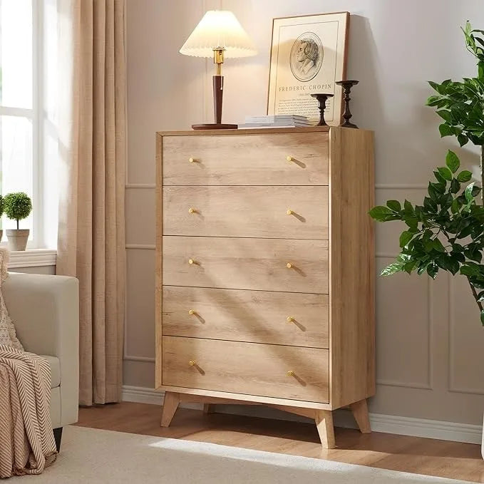 Mid-Century Modern 5-Drawer Dresser, Anti-Tip Design, 32W x 48H, Engineered Wood Construction
