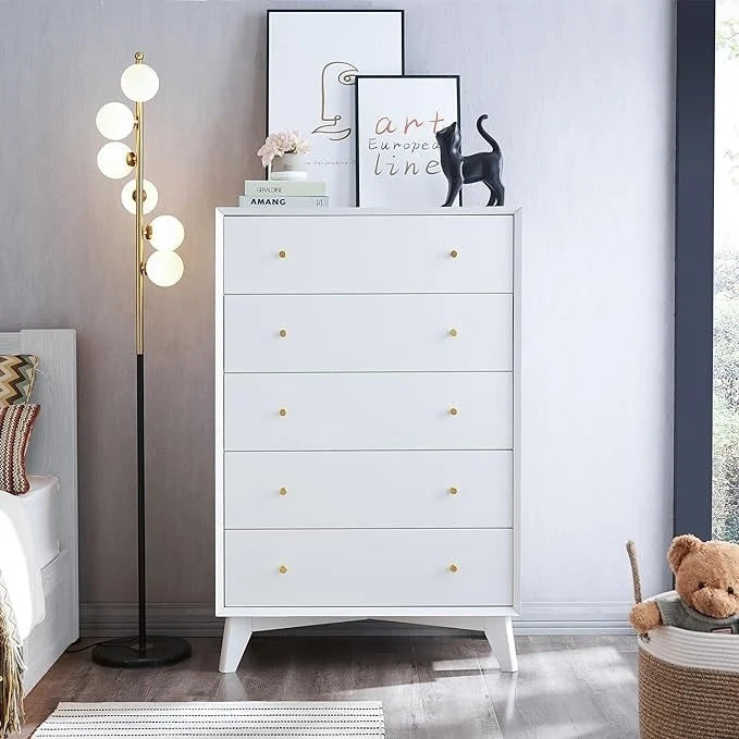 Mid-Century Modern 5-Drawer Dresser, Anti-Tip Design, 32W x 48H, Engineered Wood Construction