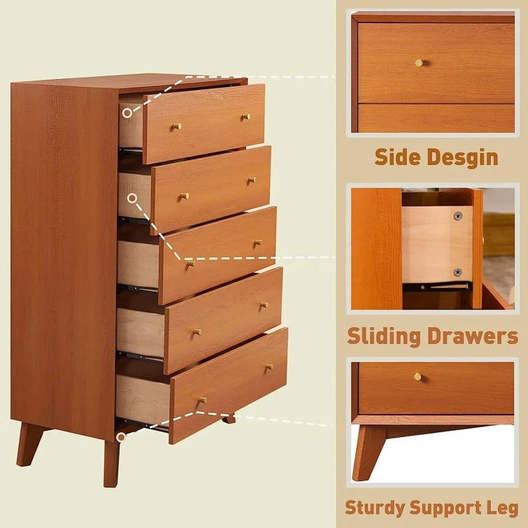Mid-Century Modern 5-Drawer Dresser, Anti-Tip Design, 32W x 48H, Engineered Wood Construction