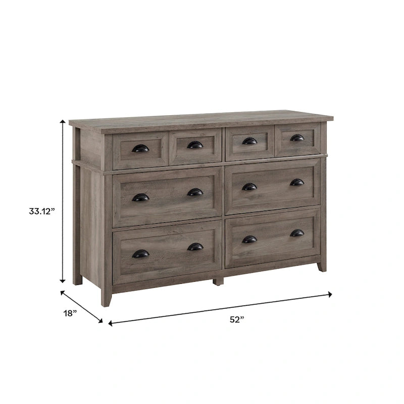 Farmhouse 6-Drawer Dresser, 52" Wide, MDF & Laminate Construction, Half-Moon Drawer Pulls