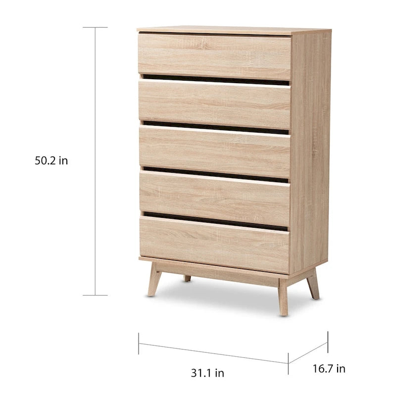 Features include five drawers, a mid-century modern style, a two-tone design, and tapered legs.