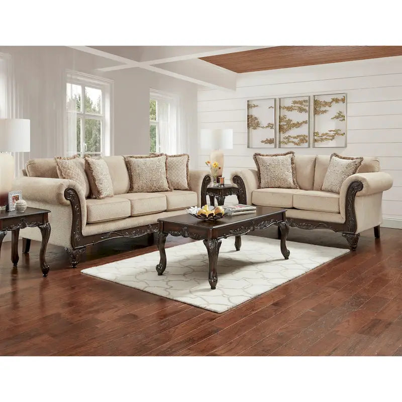 Traditional carved sofa and loveseat set, featuring high-density foam filling and dark brown solid wood legs.
