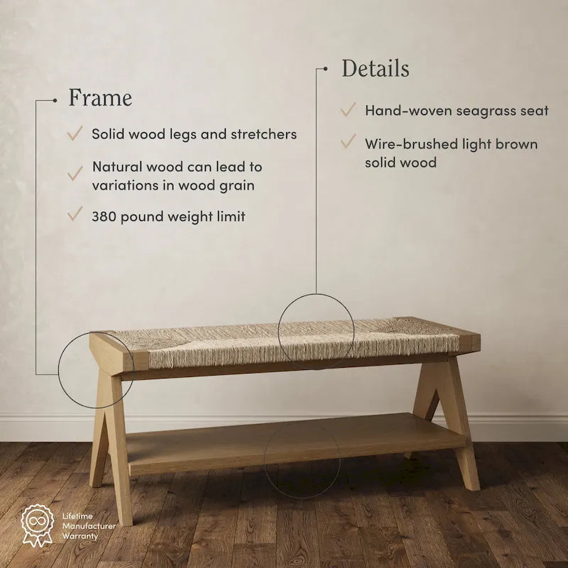 Natural Seagrass Entryway Bench with Solid Wood Legs, Rustic Boho Style, Supports 380 lbs