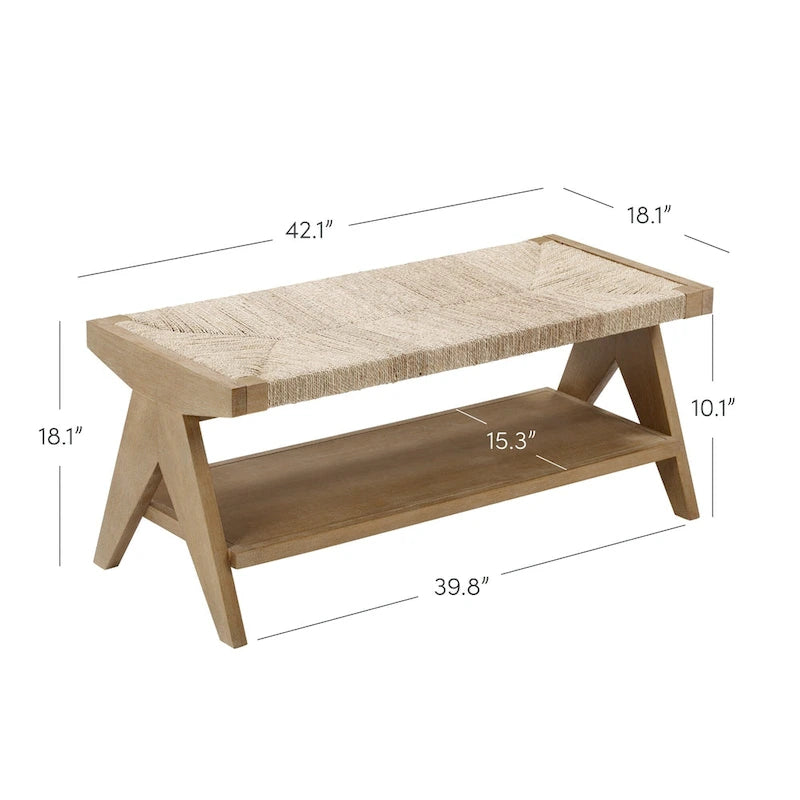 Natural Seagrass Entryway Bench with Solid Wood Legs, Rustic Boho Style, Supports 380 lbs