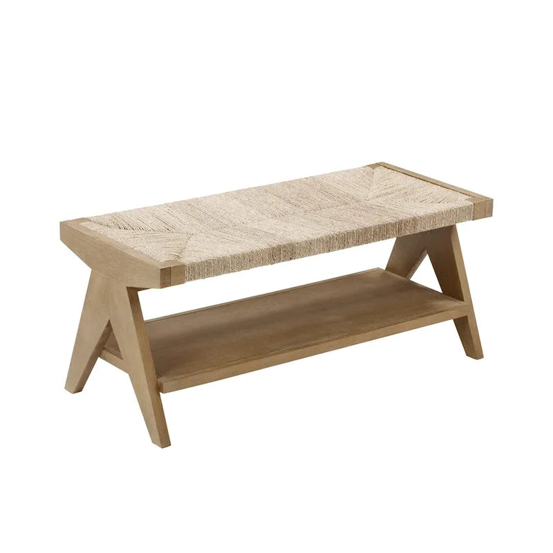 Natural Seagrass Entryway Bench with Solid Wood Legs, Rustic Boho Style, Supports 380 lbs