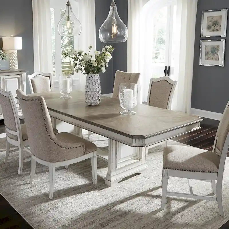 7-Piece Distressed European Dining Set: Table with Extension Leaf & 6 Chairs, Solid Wood & Veneer, Antique White Finish