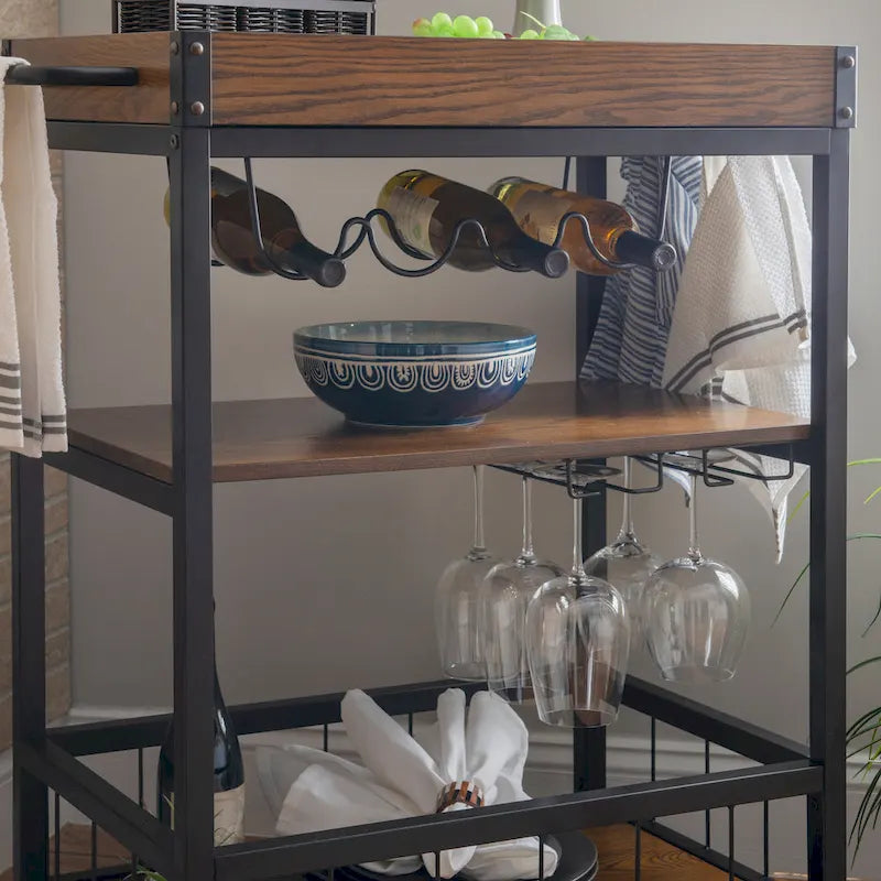Industrial Style Kitchen Wine Cart with 3 Shelves & Casters, 30.5"W Mobile Bar Cabinet, 300 lbs Capacity