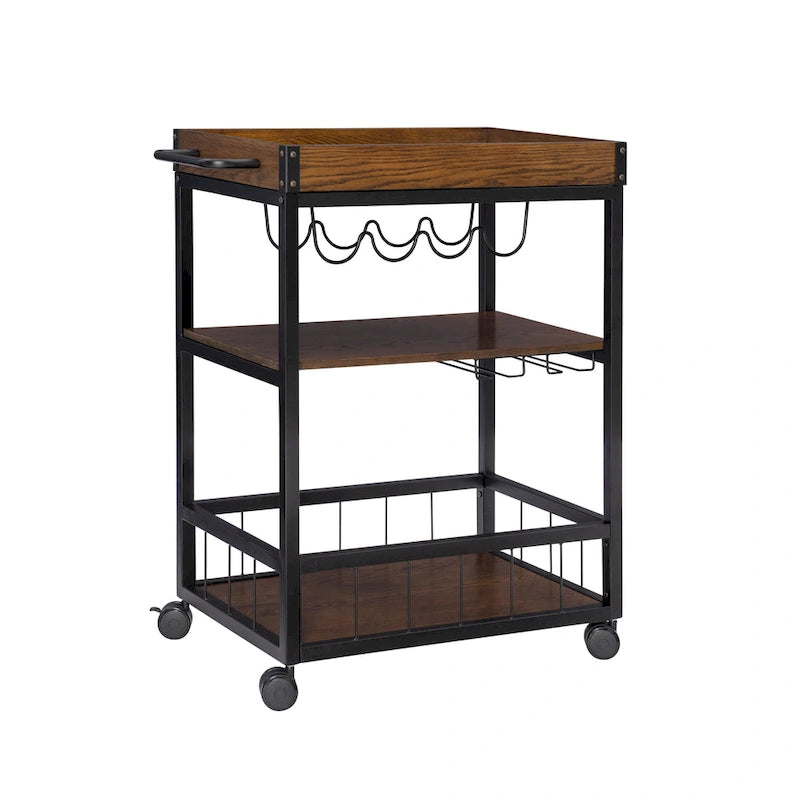 Industrial Style Kitchen Wine Cart with 3 Shelves & Casters, 30.5"W Mobile Bar Cabinet, 300 lbs Capacity