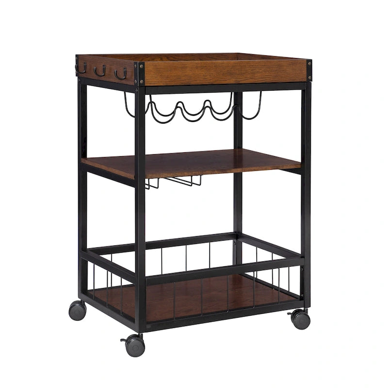Industrial Style Kitchen Wine Cart with 3 Shelves & Casters, 30.5"W Mobile Bar Cabinet, 300 lbs Capacity