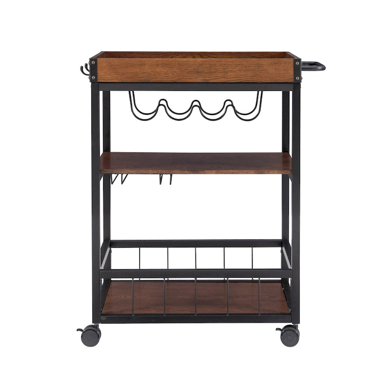 Industrial Style Kitchen Wine Cart with 3 Shelves & Casters, 30.5"W Mobile Bar Cabinet, 300 lbs Capacity