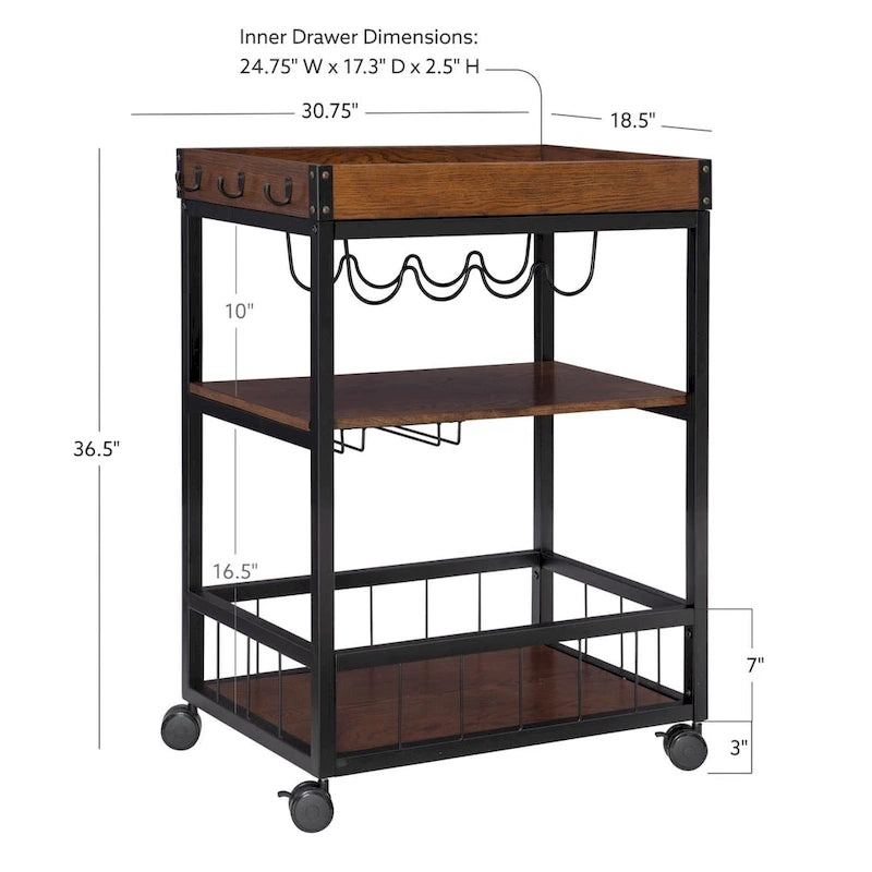 Industrial Style Kitchen Wine Cart with 3 Shelves & Casters, 30.5"W Mobile Bar Cabinet, 300 lbs Capacity