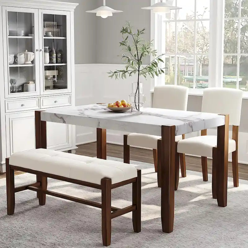 Space-Saving 4-Piece Dining Set, Table & Bench Design, Easy Assembly, 500 lbs Bench Capacity