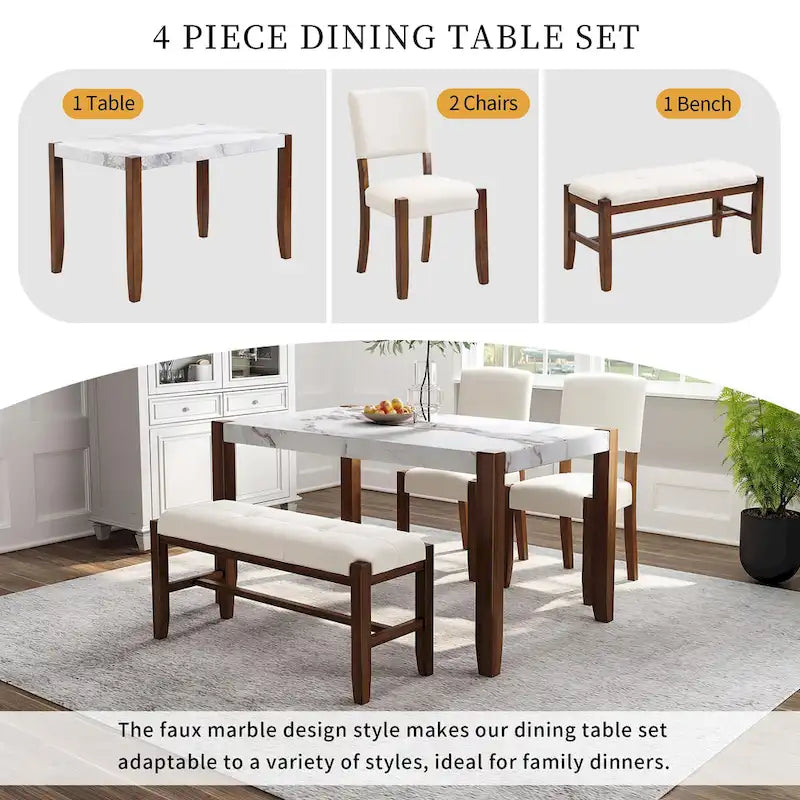 Space-Saving 4-Piece Dining Set, Table & Bench Design, Easy Assembly, 500 lbs Bench Capacity