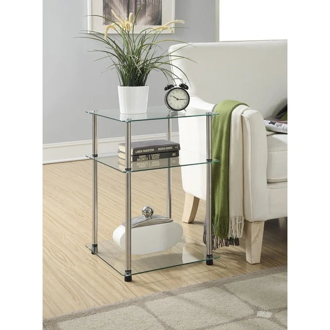 3-Tier Tempered Glass End Table with Stainless Steel Frame, Tool-Free Assembly, Modern Open Design