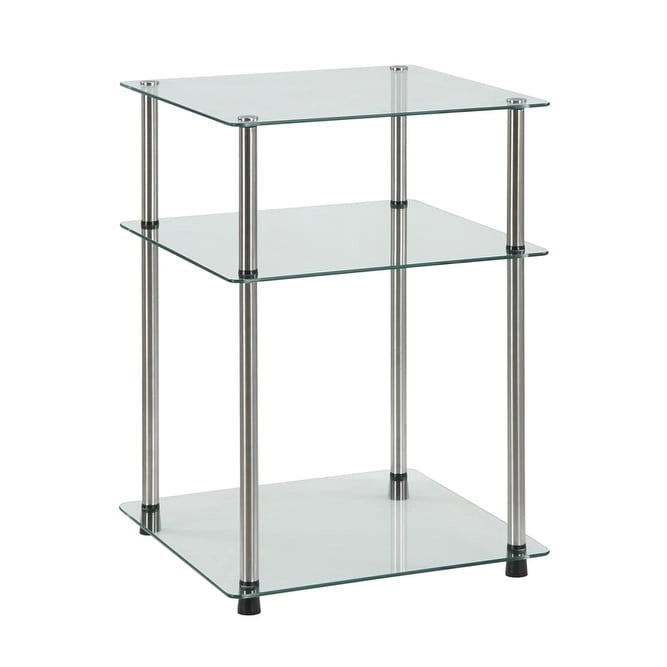 3-Tier Tempered Glass End Table with Stainless Steel Frame, Tool-Free Assembly, Modern Open Design