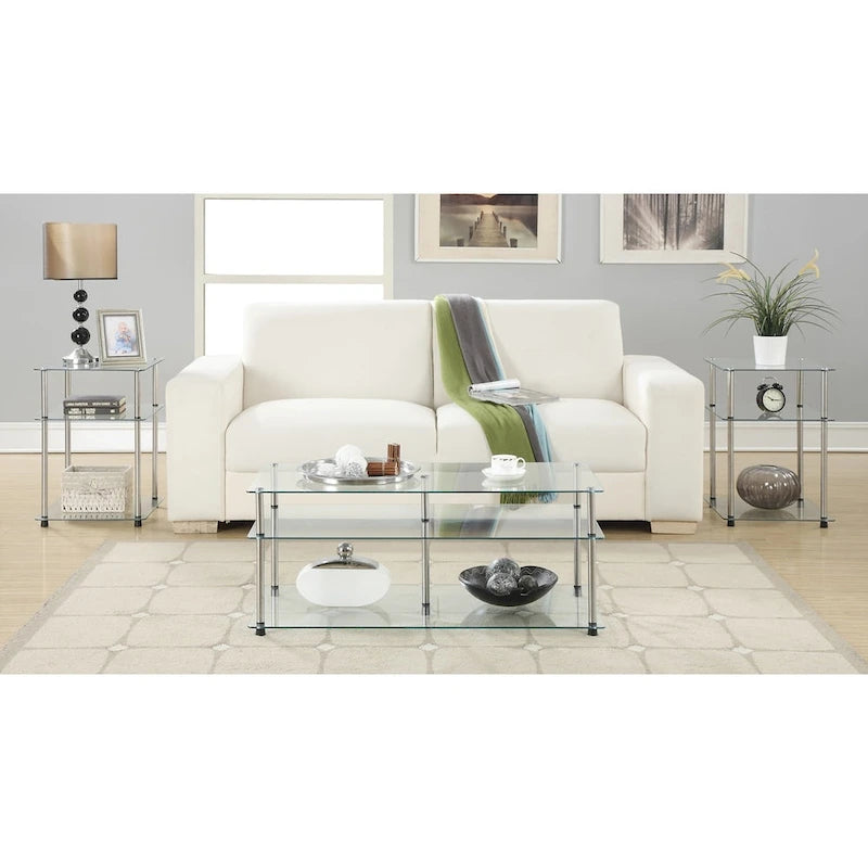 3-Tier Tempered Glass End Table with Stainless Steel Frame, Tool-Free Assembly, Modern Open Design