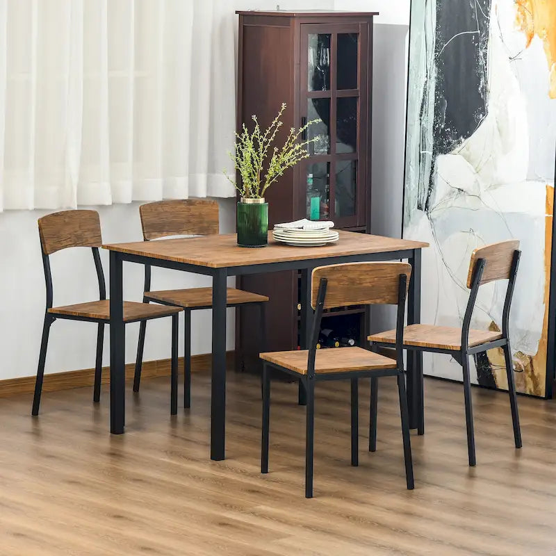 This five-piece modern industrial style dining table and chair set is suitable for small spaces, kitchens, and dining rooms.