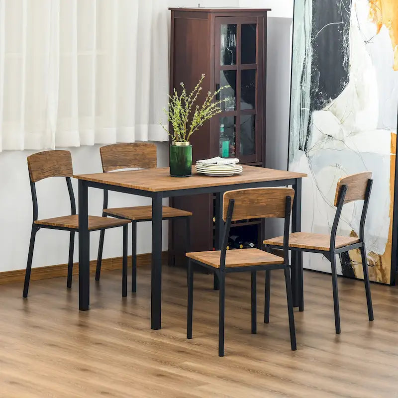 This five-piece modern industrial style dining table and chair set is suitable for small spaces, kitchens, and dining rooms.
