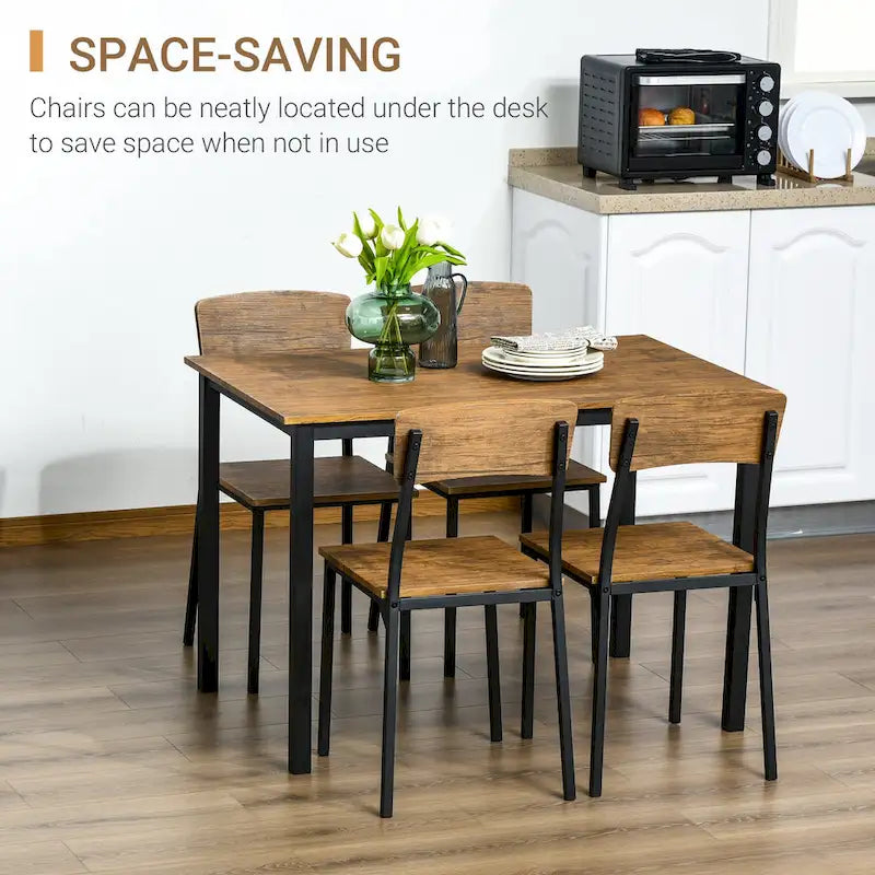 This five-piece modern industrial style dining table and chair set is suitable for small spaces, kitchens, and dining rooms.