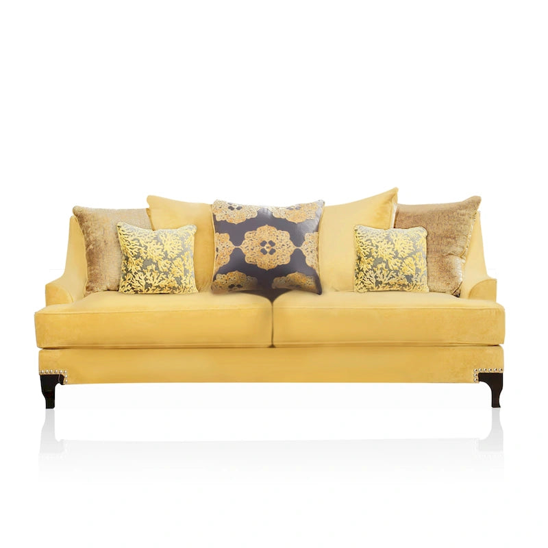 Modern velvet upholstered sofa with slanted armrests