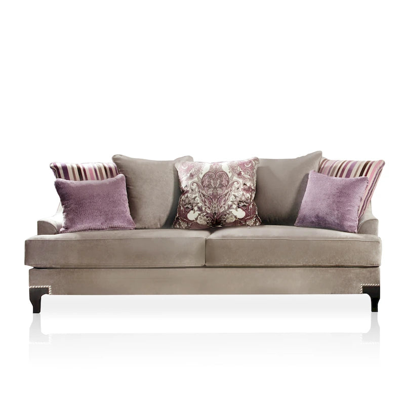Modern velvet upholstered sofa with slanted armrests