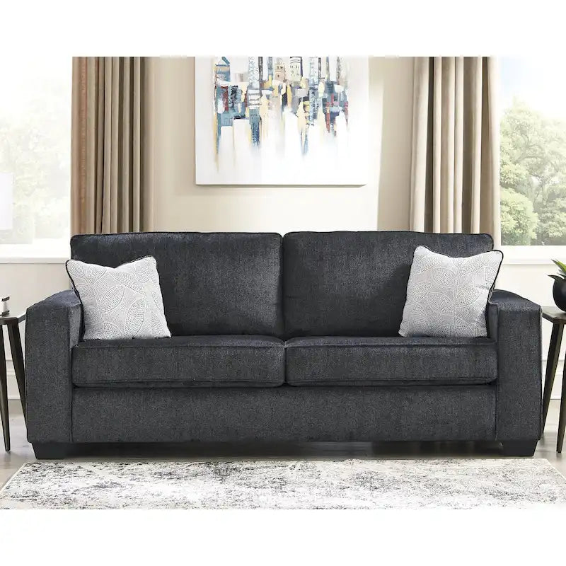 Contemporary Sofa with Track Arms & Chenille Upholstery, Plush Cushions & Decorative Pillows, Platform Foundation