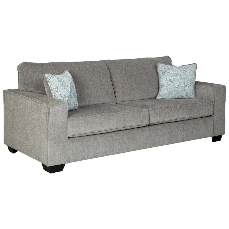 Contemporary Sofa with Track Arms & Chenille Upholstery, Plush Cushions & Decorative Pillows, Platform Foundation