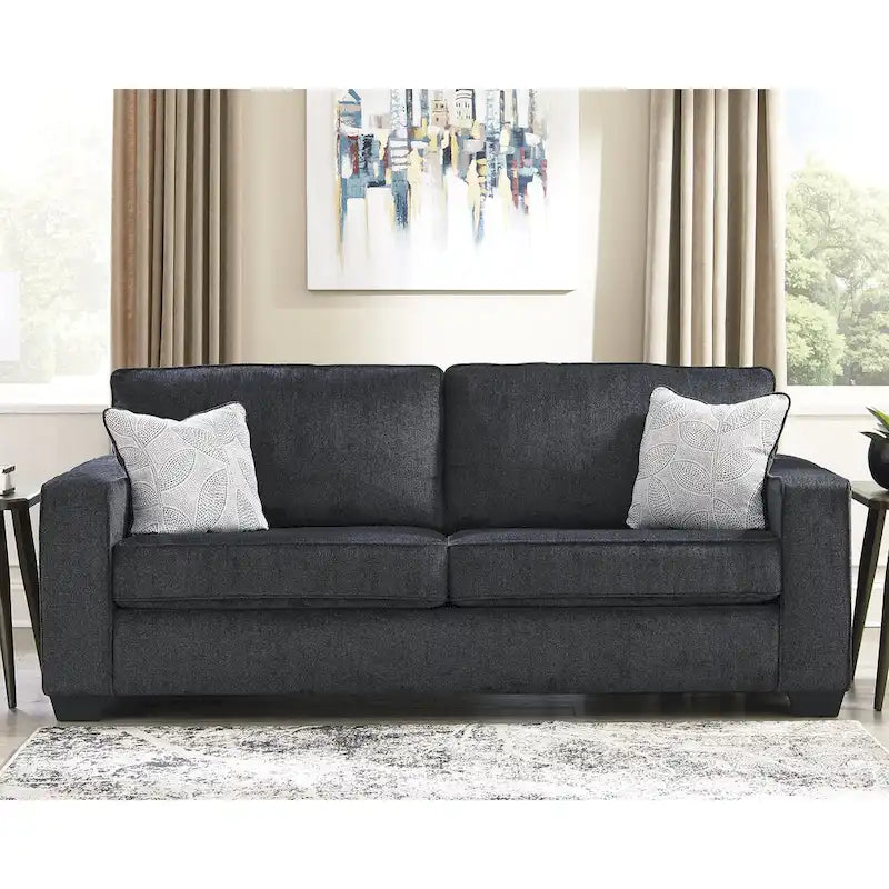 Contemporary Sofa with Track Arms & Chenille Upholstery, Plush Cushions & Decorative Pillows, Platform Foundation