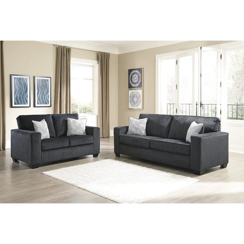 Contemporary Sofa with Track Arms & Chenille Upholstery, Plush Cushions & Decorative Pillows, Platform Foundation