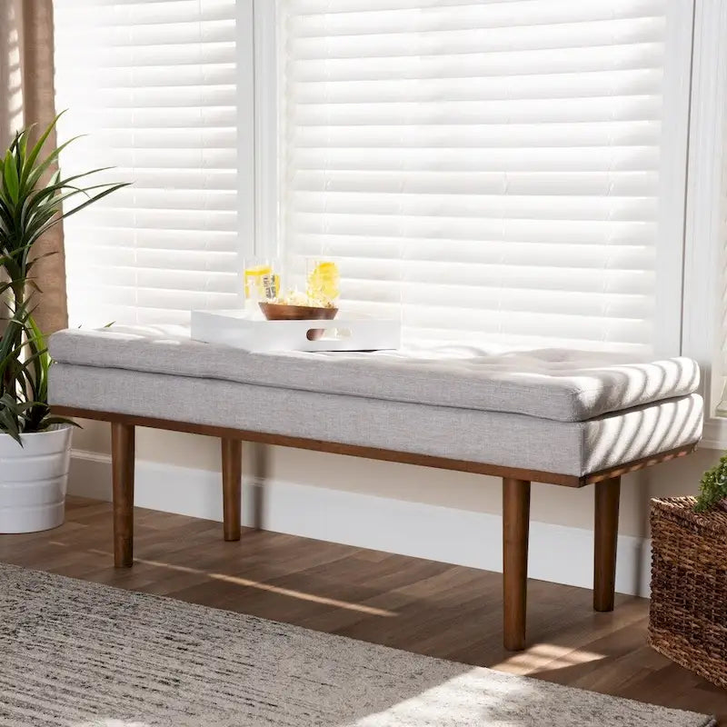 Mid-Century Modern Upholstered Bench with Button Tufting & Tapered Walnut Legs, 48.4" Wide