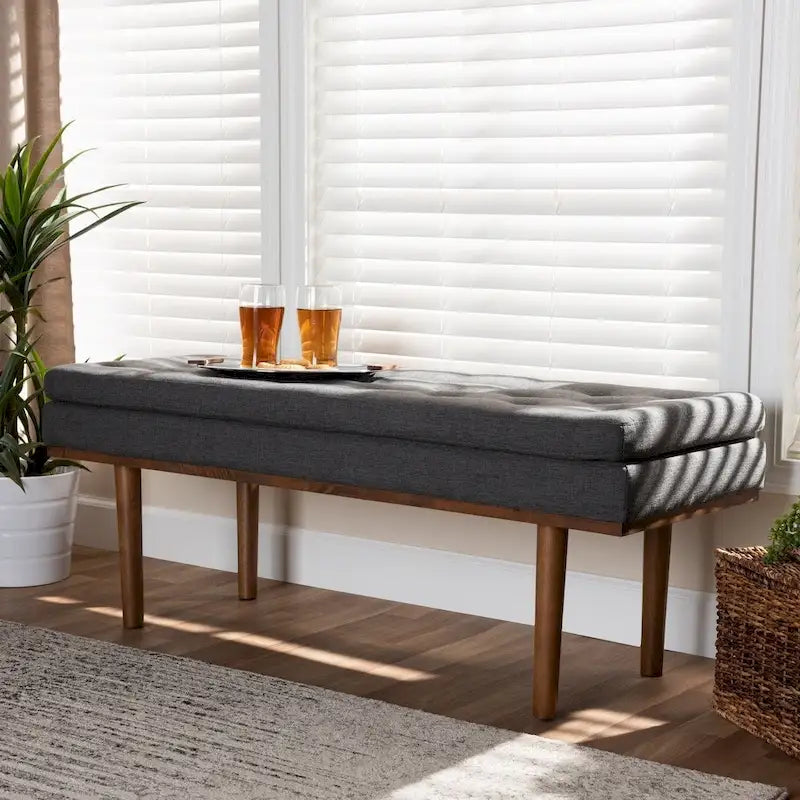 Mid-Century Modern Upholstered Bench with Button Tufting & Tapered Walnut Legs, 48.4" Wide