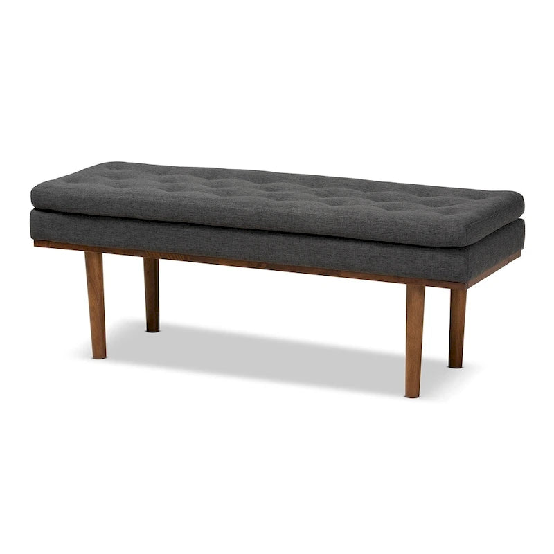 Mid-Century Modern Upholstered Bench with Button Tufting & Tapered Walnut Legs, 48.4" Wide