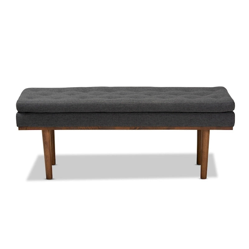 Mid-Century Modern Upholstered Bench with Button Tufting & Tapered Walnut Legs, 48.4" Wide