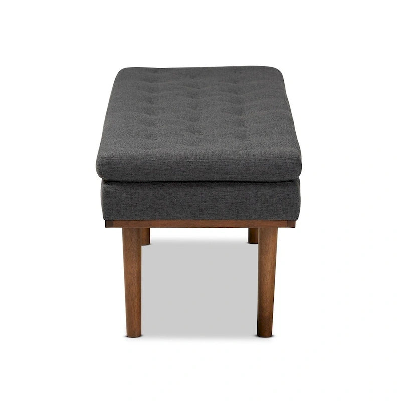 Mid-Century Modern Upholstered Bench with Button Tufting & Tapered Walnut Legs, 48.4" Wide