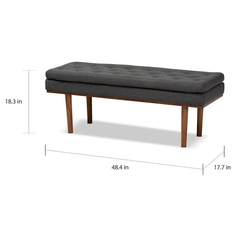 Mid-Century Modern Upholstered Bench with Button Tufting & Tapered Walnut Legs, 48.4" Wide