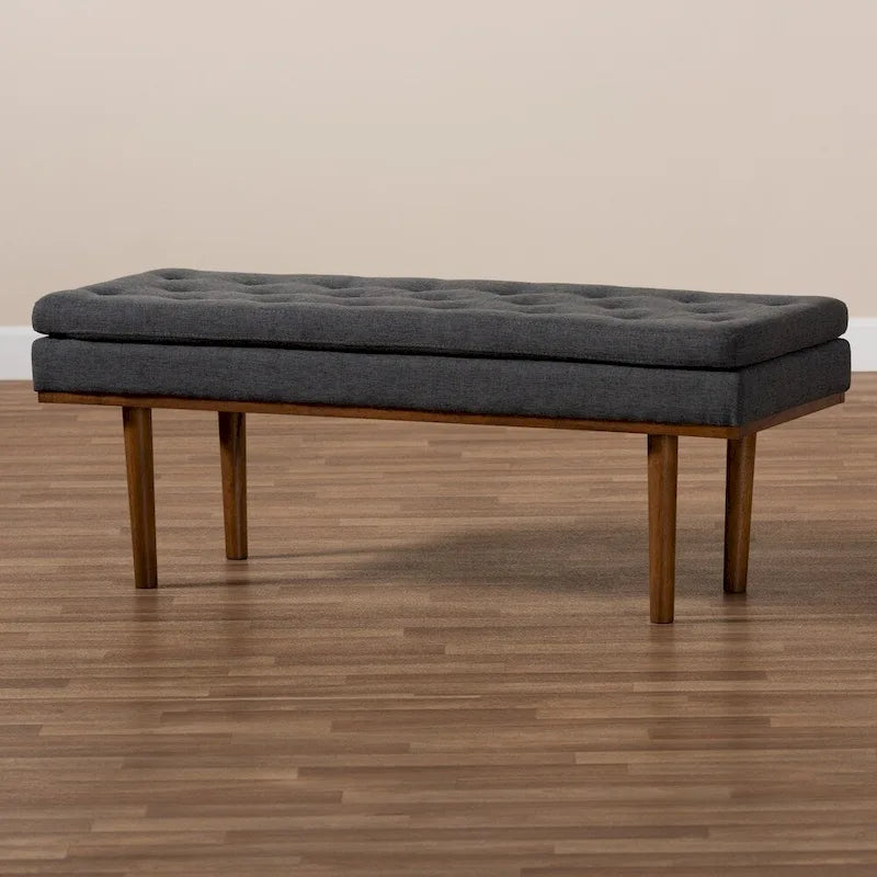 Mid-Century Modern Upholstered Bench with Button Tufting & Tapered Walnut Legs, 48.4" Wide