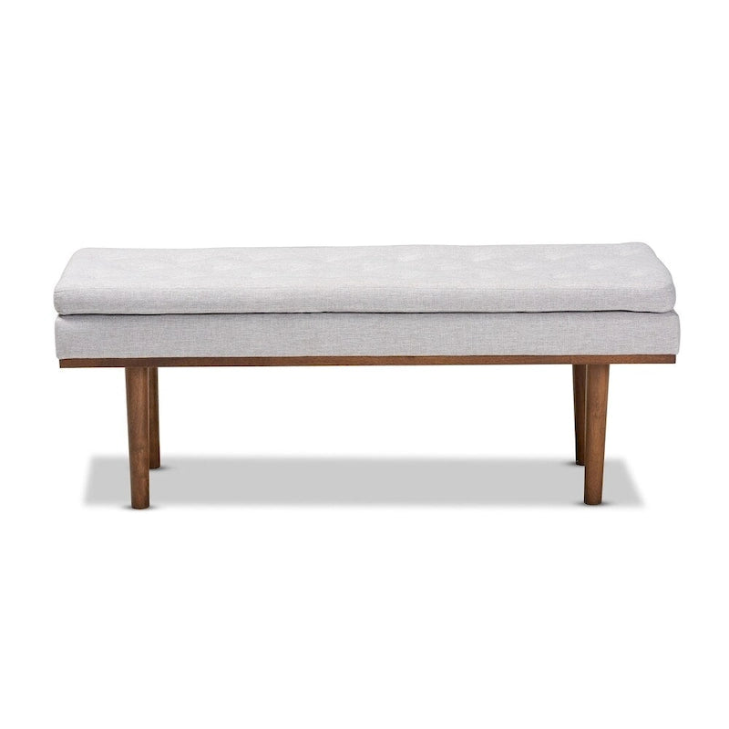 Mid-Century Modern Upholstered Bench with Button Tufting & Tapered Walnut Legs, 48.4" Wide