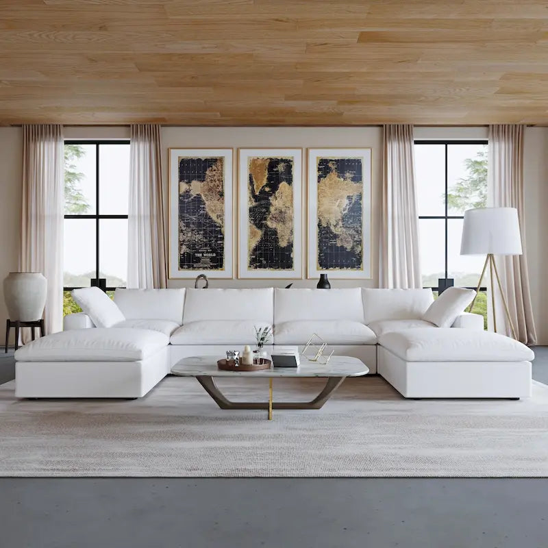 U-shape Linen Upholstered Sectional Sofa Multiple Cushions Modular Couch