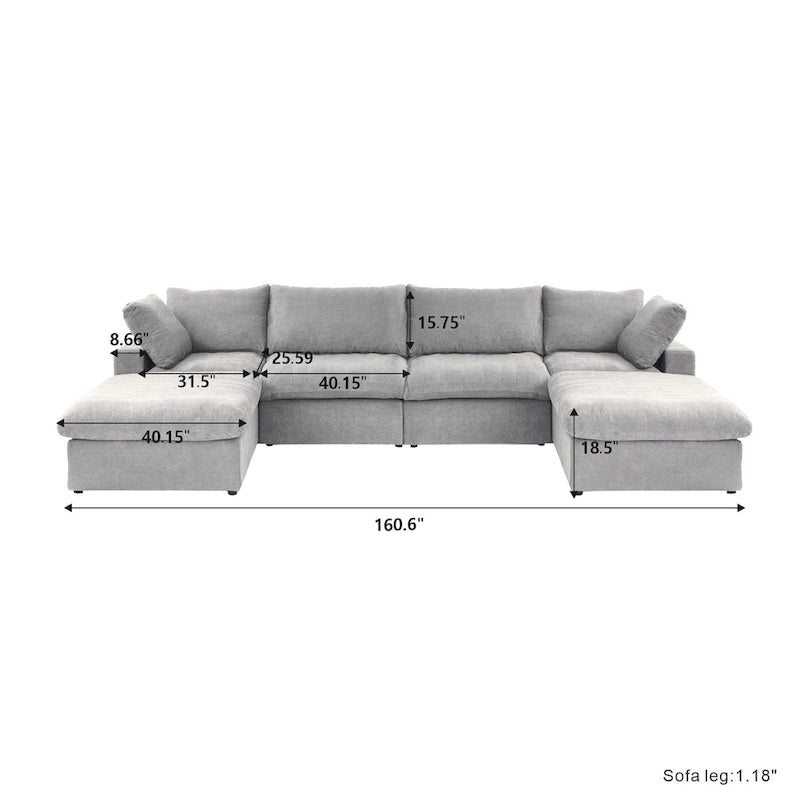 U-shape Linen Upholstered Sectional Sofa Multiple Cushions Modular Couch